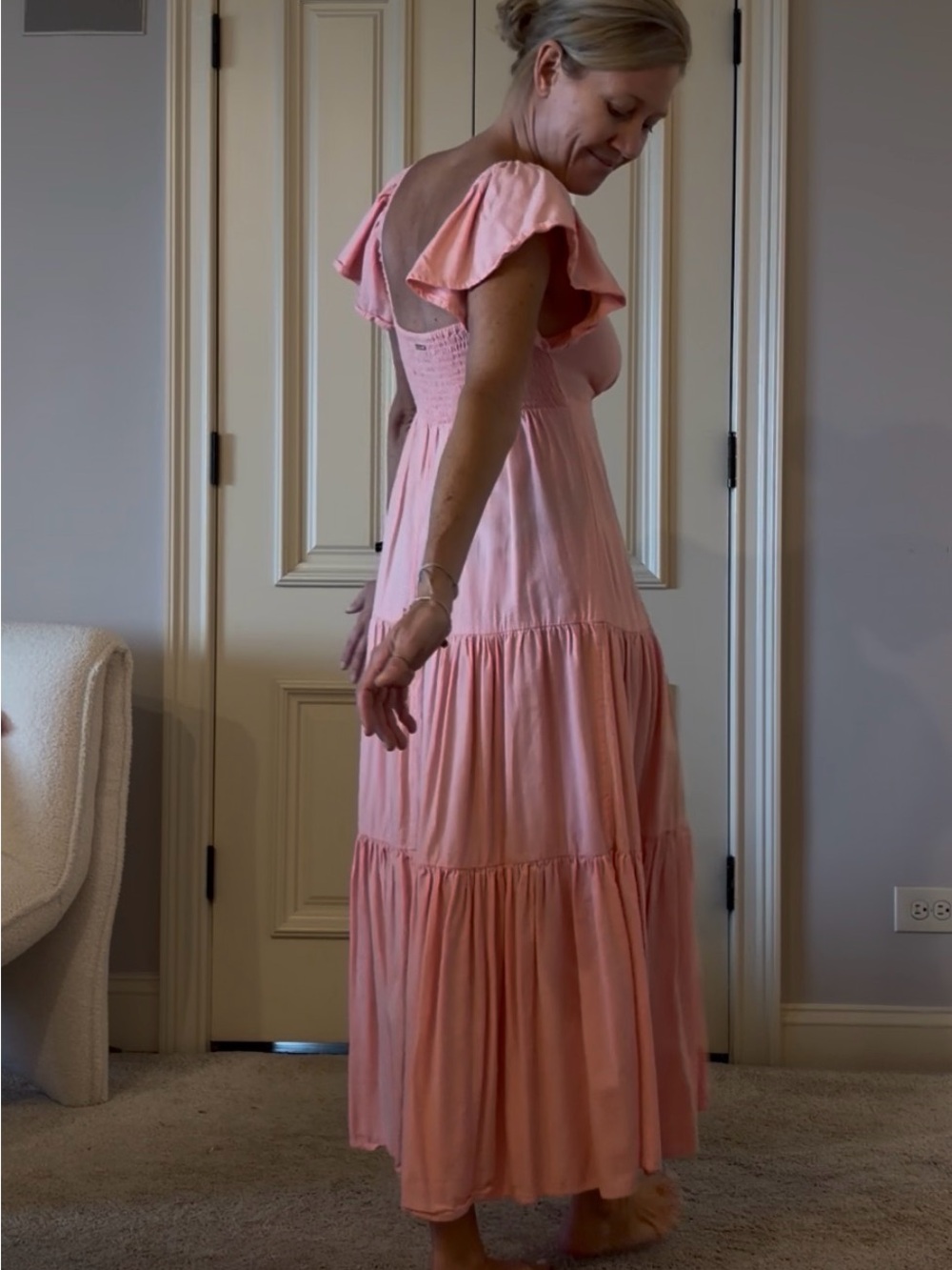 Women's Pink Tiered Maxi Dress - Soft Flutter Sleeve